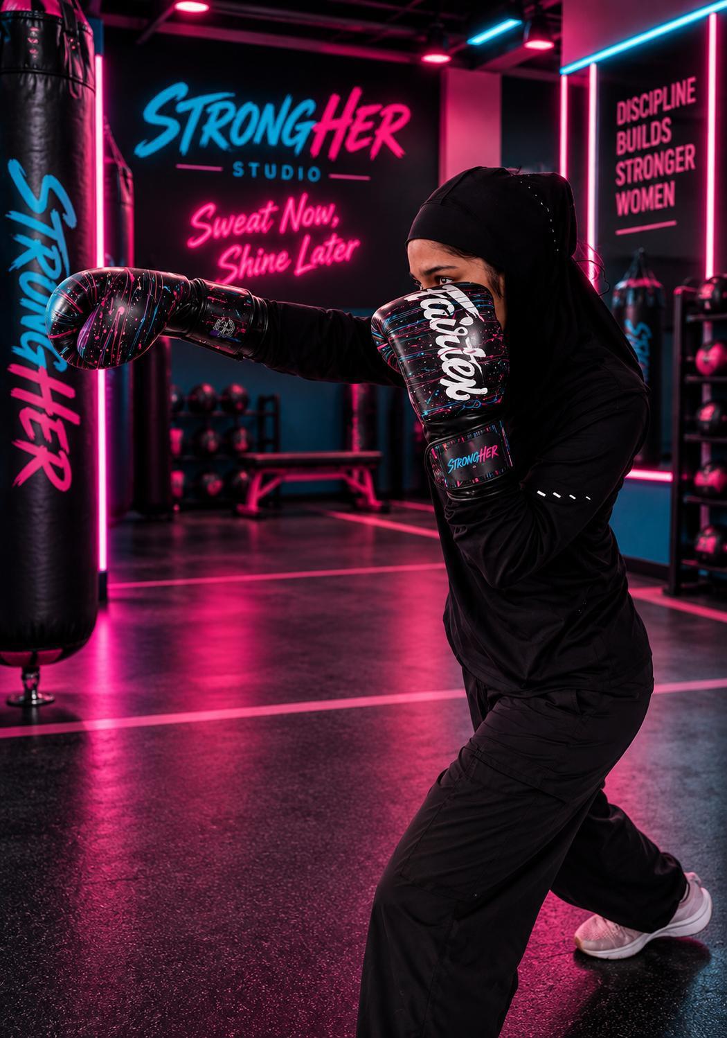 Member in hijab punching beside a StrongHer heavy bag