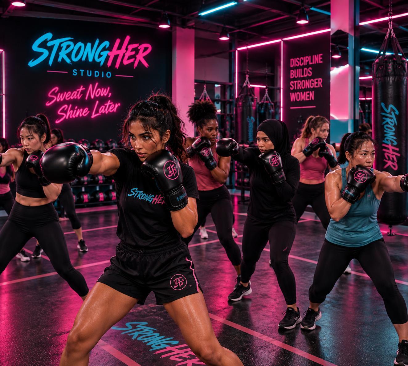 Women training together in a boxing class at StrongHer Studio