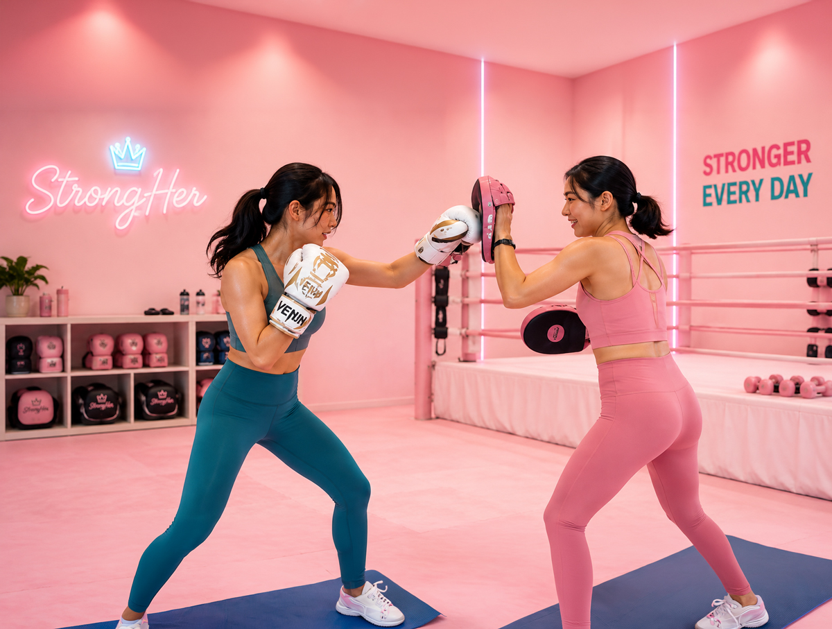 A StrongHer coach holding pads for a member in the pink studio