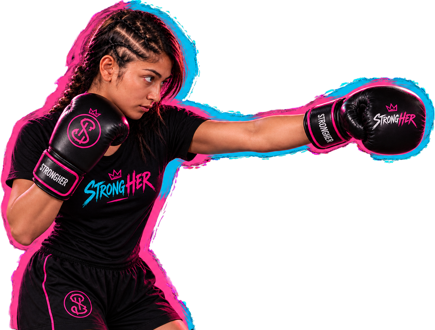 StrongHer member in boxing stance with pink gloves