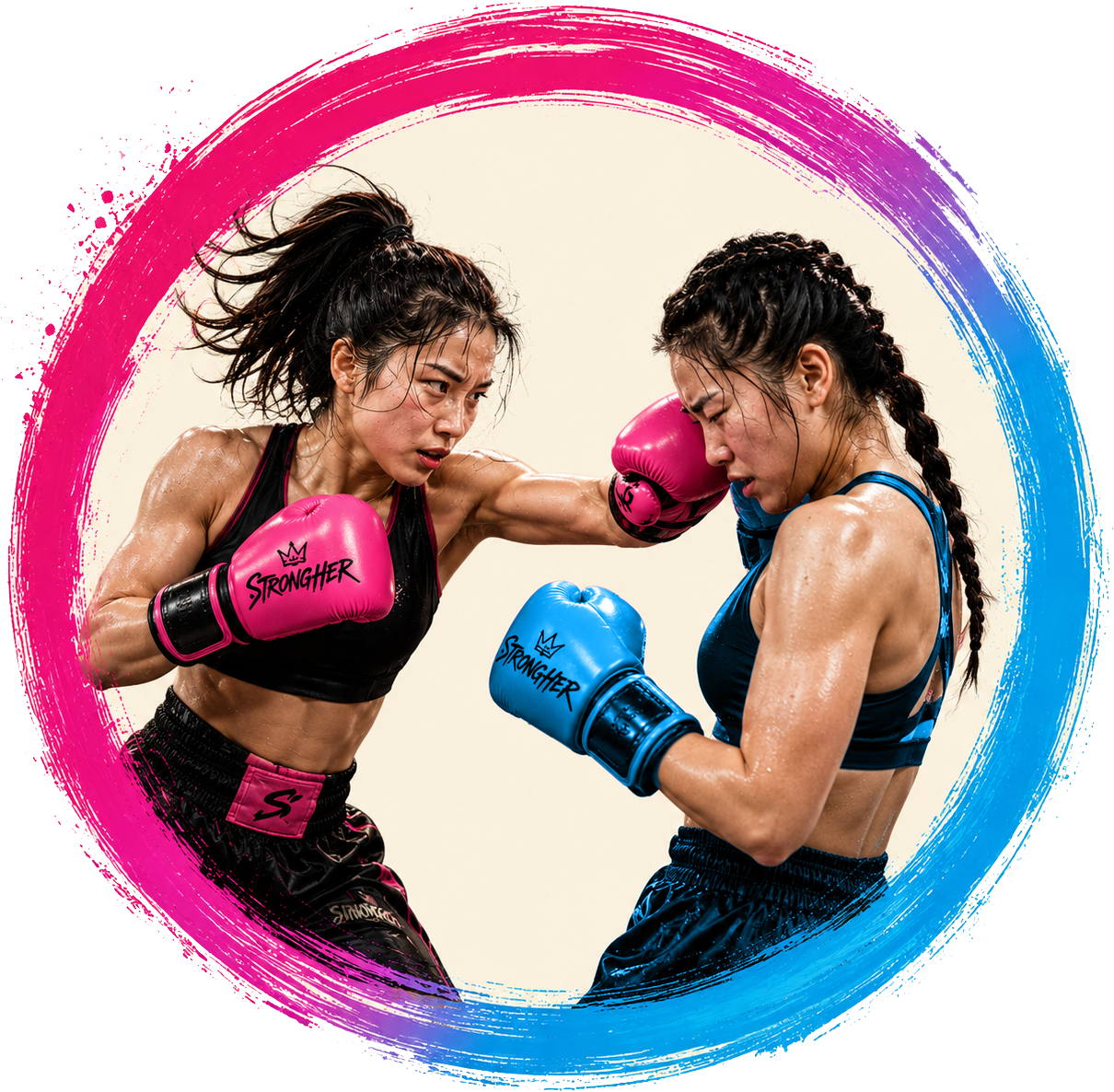 Two StrongHer members sparring with pink and blue boxing gloves