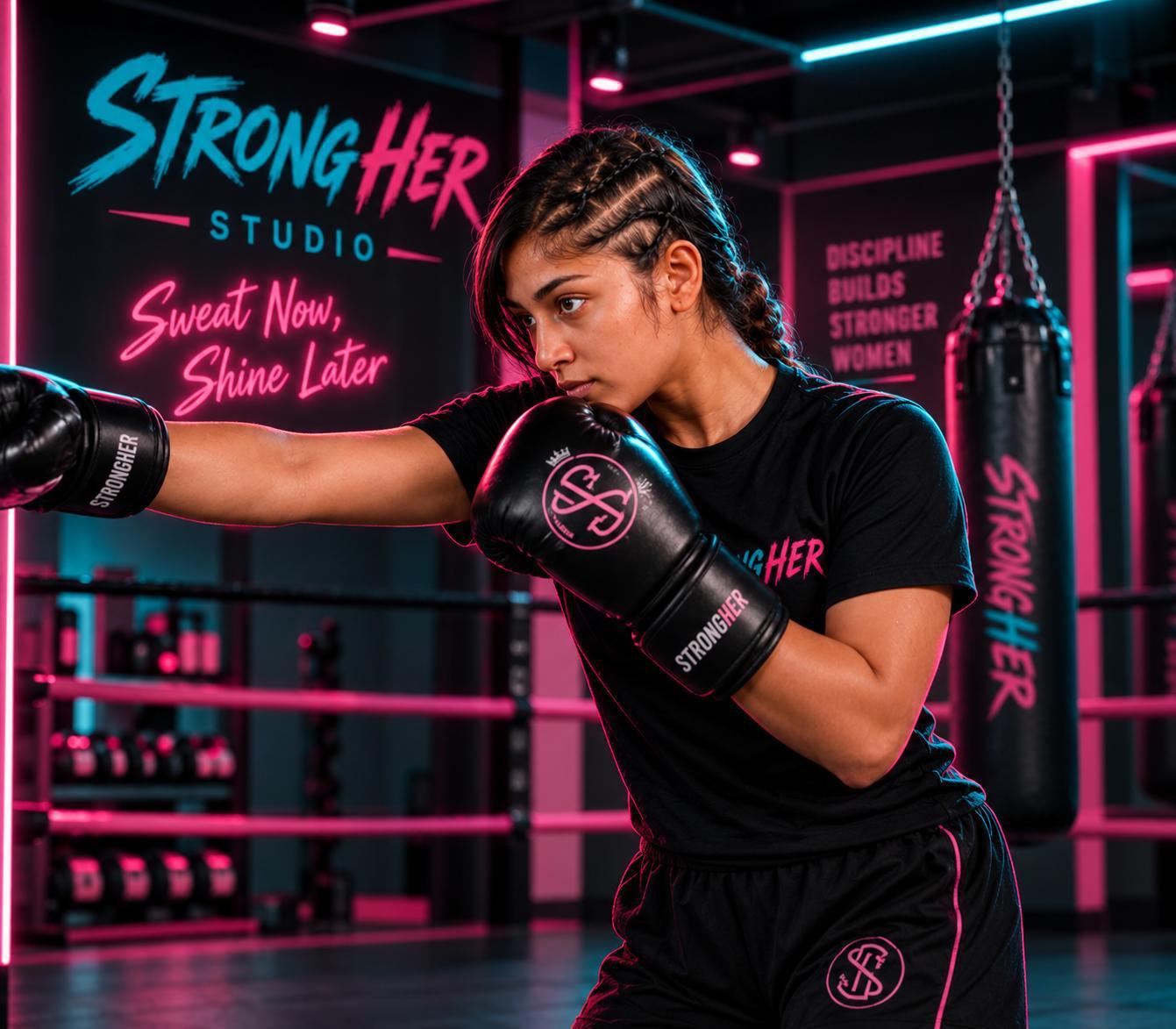 Boxer throwing a jab in front of the neon StrongHer studio wall