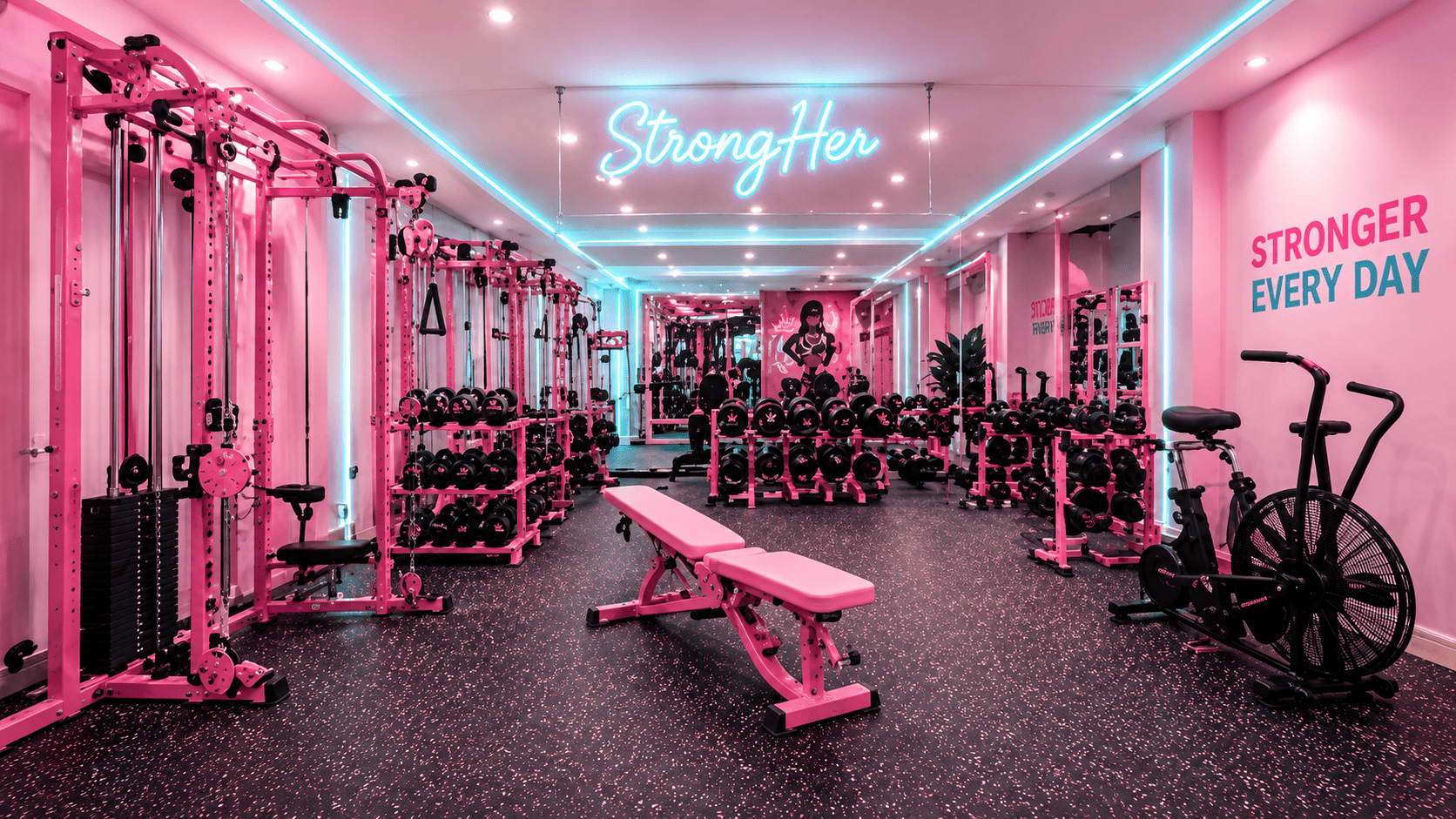 Pink strength training floor with racks, benches and neon lighting