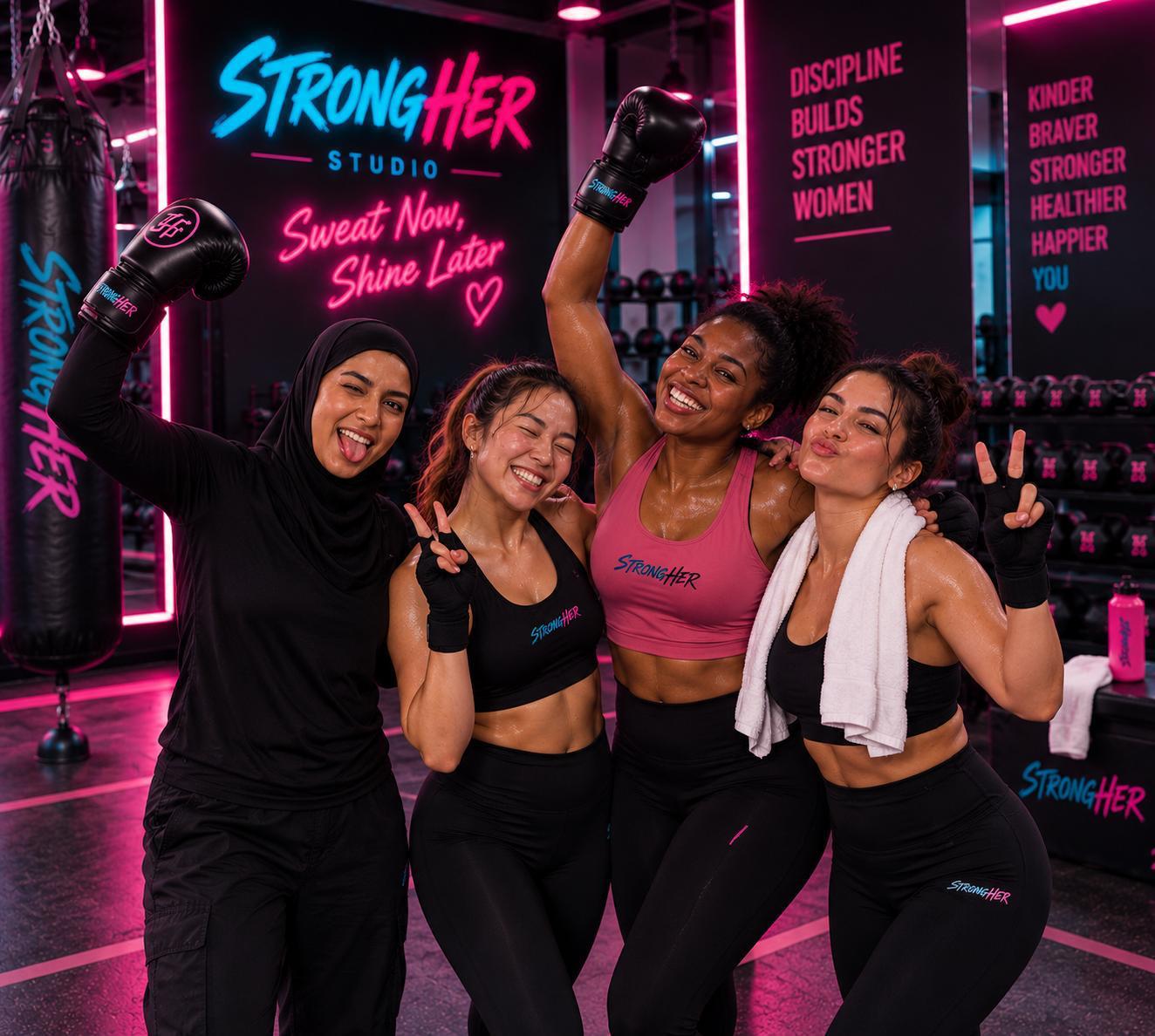 Four StrongHer members celebrating together after a boxing class
