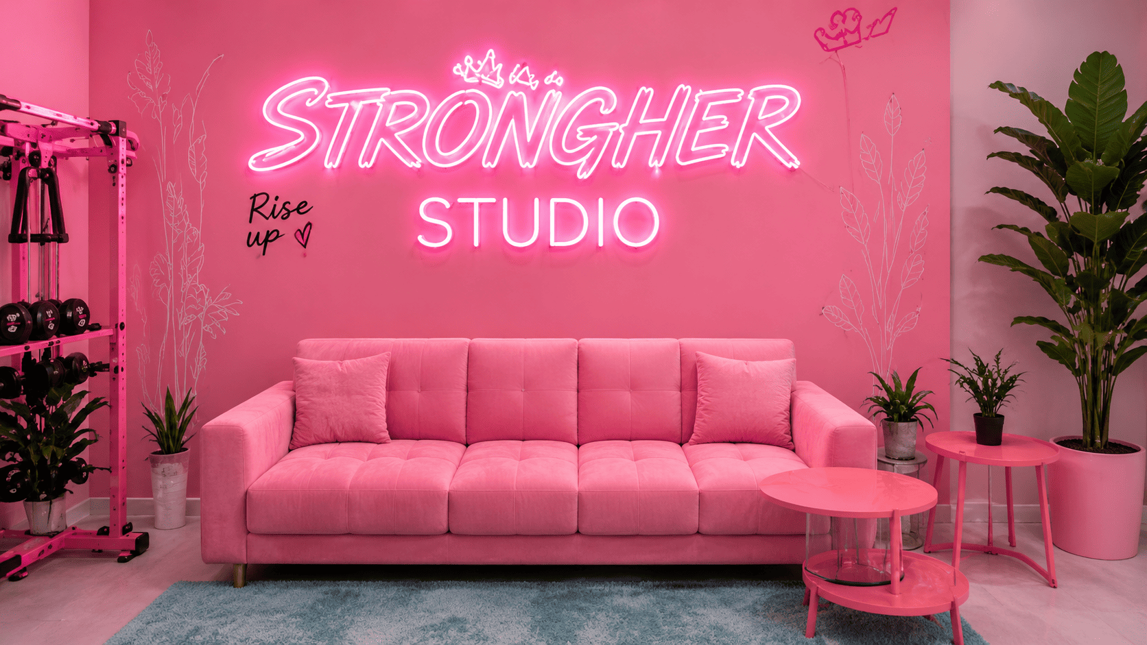 StrongHer studio lounge with pink neon StrongHer Studio sign