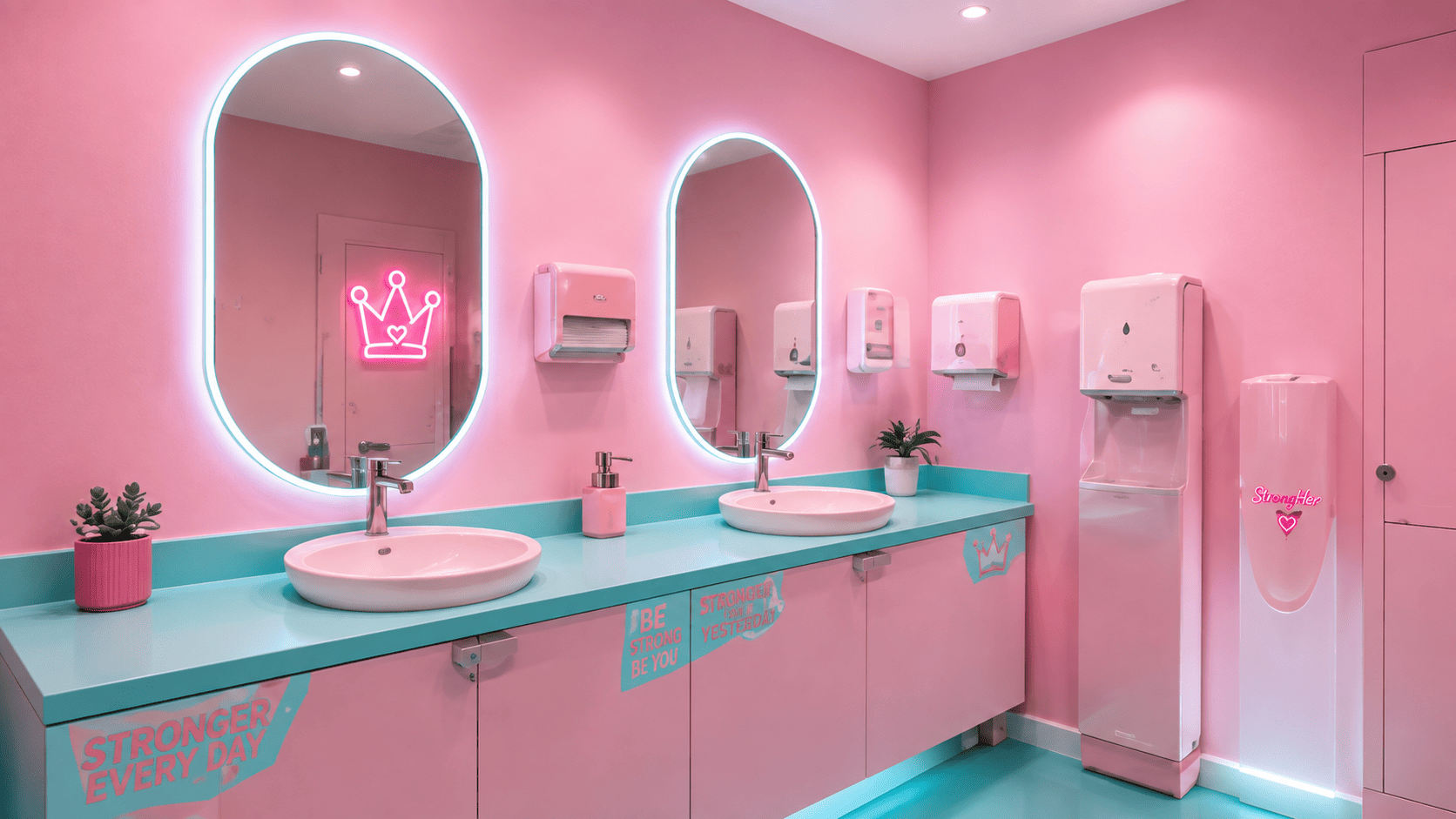 Pink and turquoise StrongHer washroom with backlit mirrors