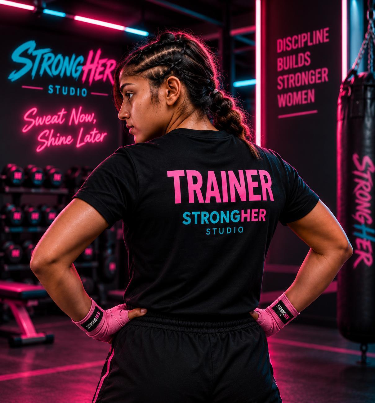 StrongHer trainer in branded tee facing the neon signage
