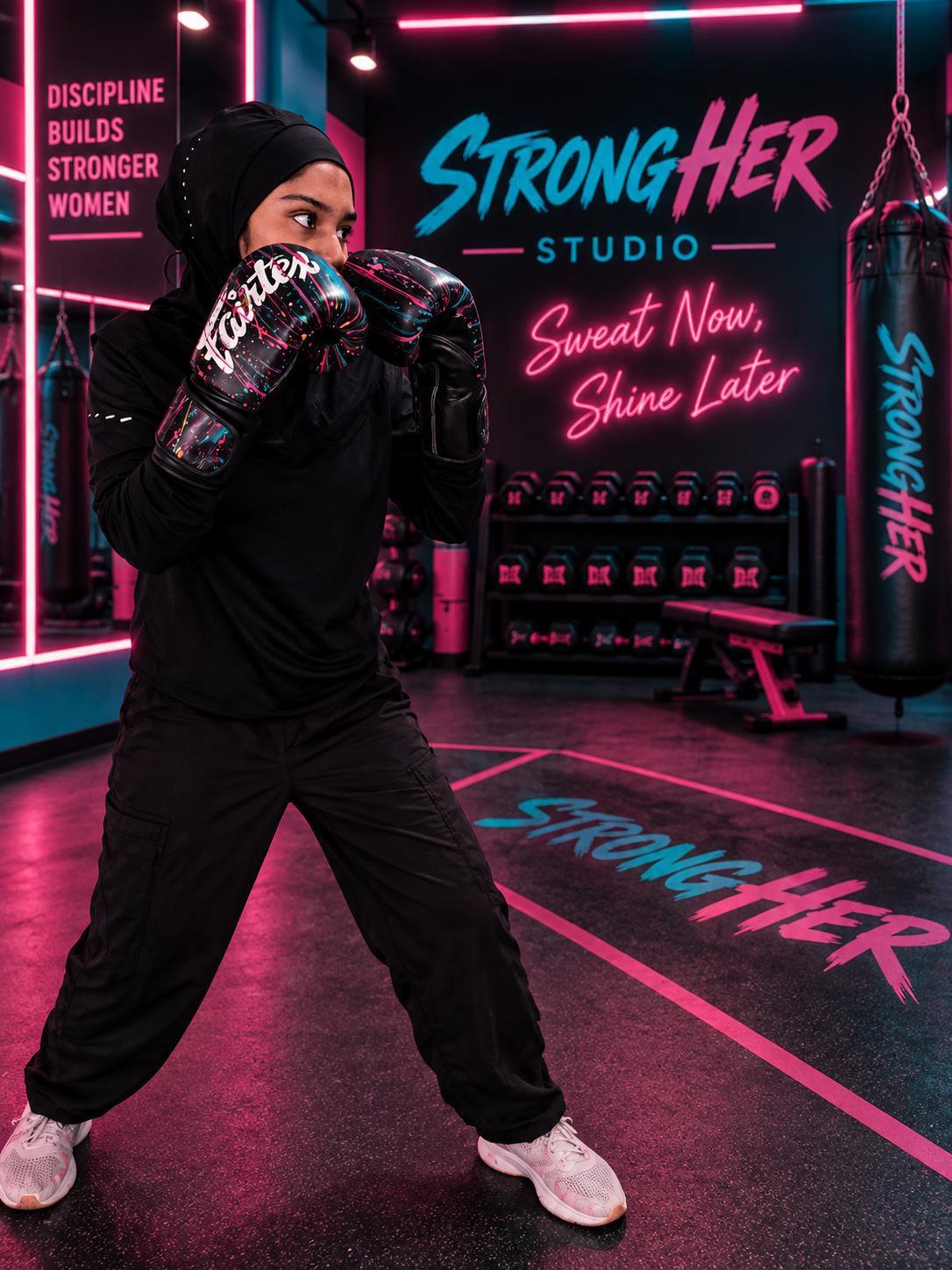 Member in hijab holding a boxing guard on the studio floor