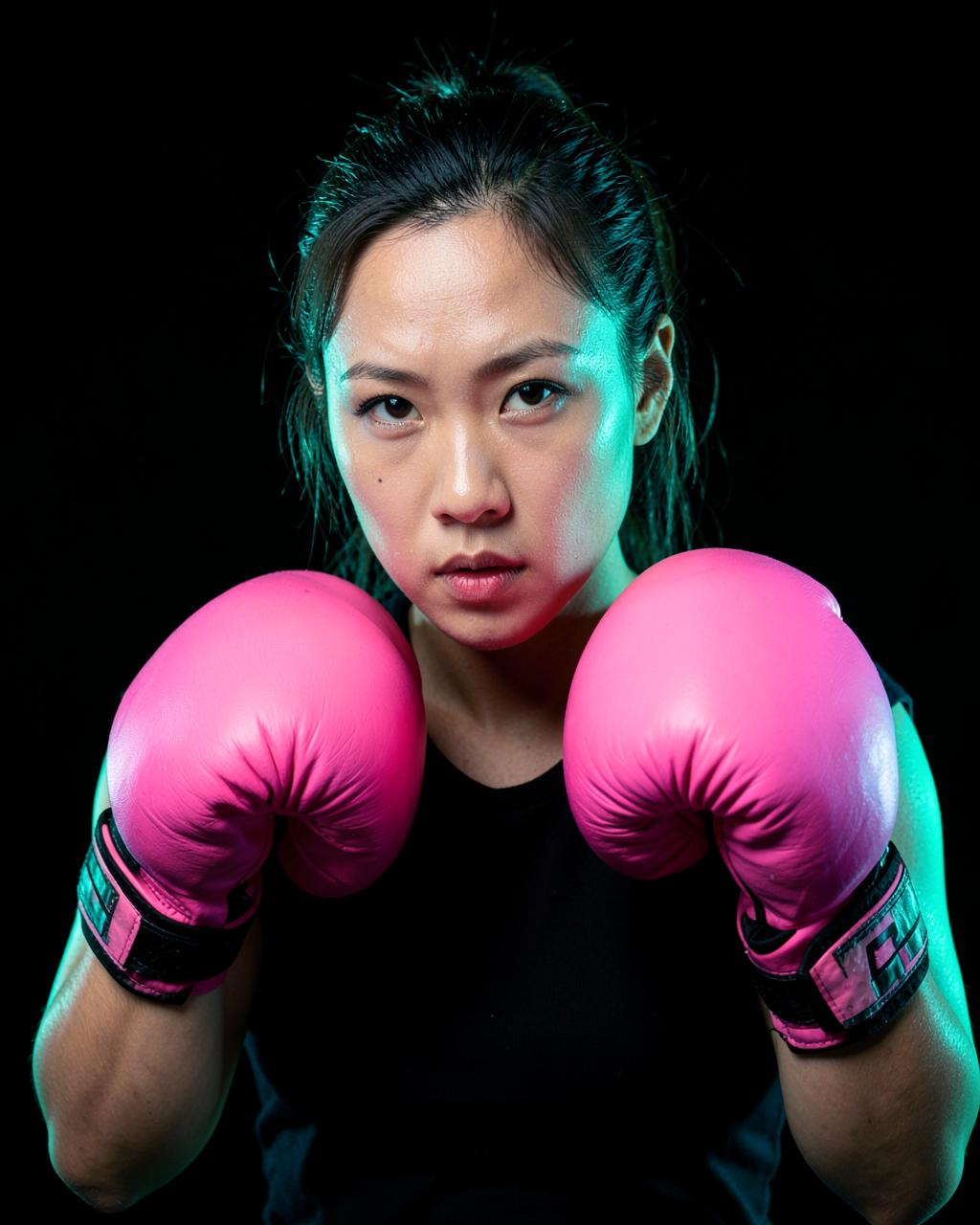 Boxer in guard with pink gloves under turquoise light